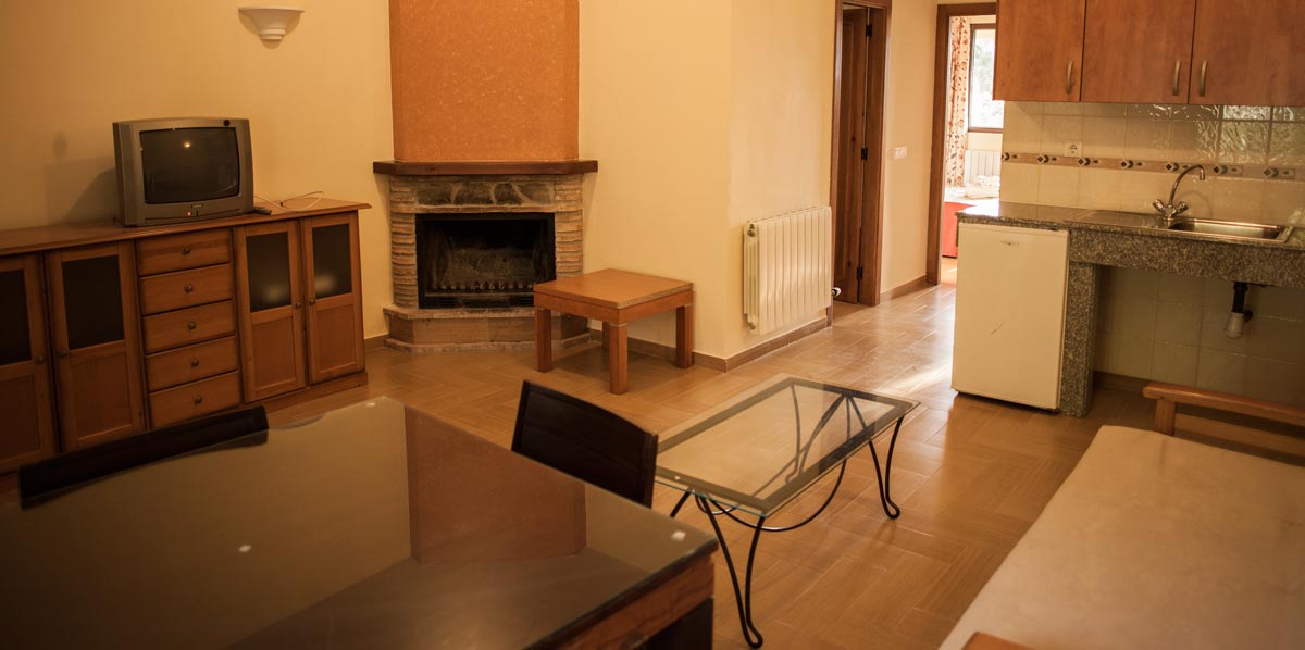 Salón con cocina completa de uno de los apartamentos del Complejo Rural Puerto Mágina. Una mesa y sillas para 4 personas, mueble con vitrinas y cajones. Televisión sobre el mueble. Gran chimenea y cocina con frigorífico, fregadero y muebles con utensilios. Muestra radiador de calefacción, sofá y mesilla de café de cristal.