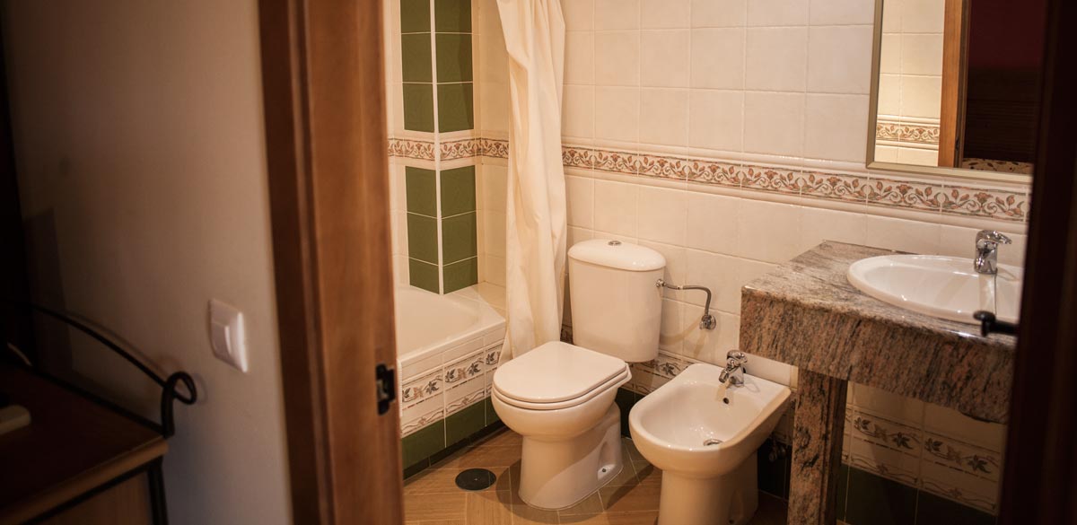 Vista de uno del os aseos de una habitación del Complejo Rural Puerto Mágina. Un inodoro, un bidé, un lavabo y una bañera.